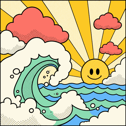 AI-generated retro poster: ocean wave with sun